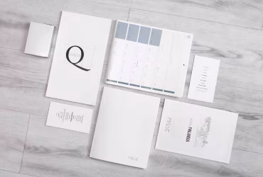 Flat lay of minimalist stationery: calendar, notebook, and cards on a wooden surface.