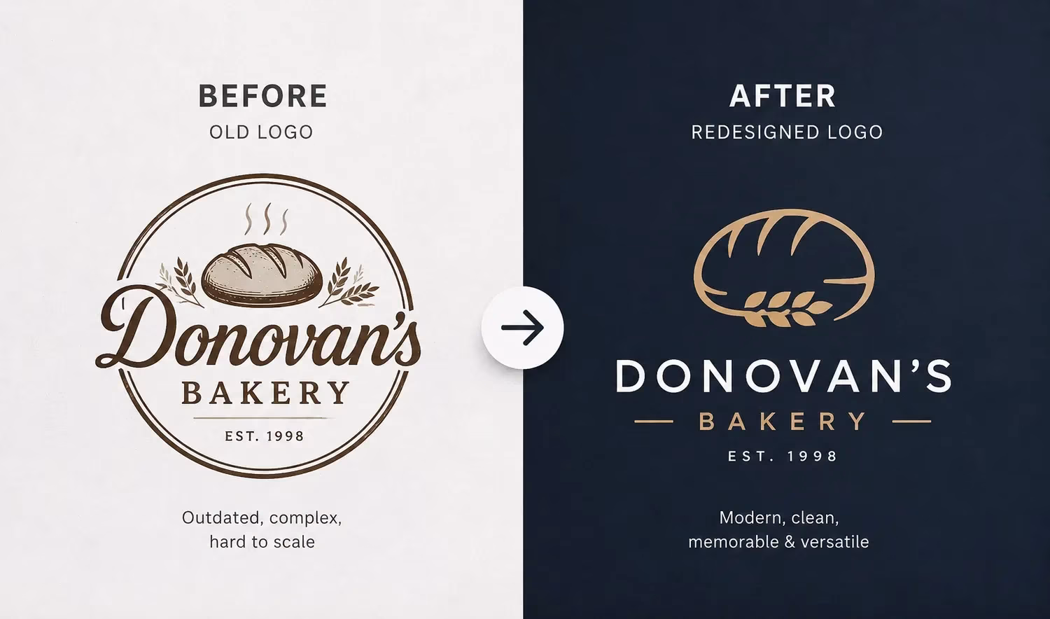 Donovan's Bakery logo redesign: old vs. new, showing modern logo design